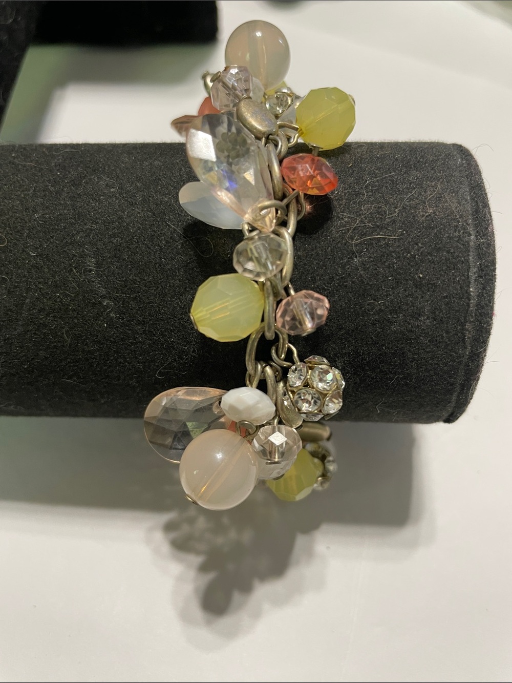 Beaded Charm Bracelet in Pale Pink, Yellow & Clear. Magnetic clip 9/6/6